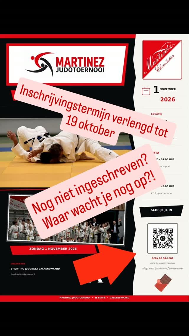 𝕃𝕒𝕒𝕥𝕤𝕥𝕖 𝕜𝕒𝕟𝕤

Heb jij je nog niet ingeschreven voor het Martinez Judotoernooi? Doe dat dan snel!

De inschrijftermijn is verlengd tot 19 oktober. Schrijf je dus nog snel in, want dit is echt de laatste kans!